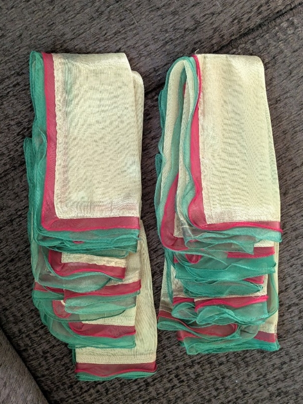 Pier 1 Imports Gold Metallic Shimmer with Red/Green Ruffle Trim Napkin Set of 12